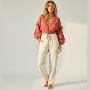 HOUSE OF HARLOW Cropped Blouse Balloon Sleeve Terracotta Boho Beachy Top XS Chic